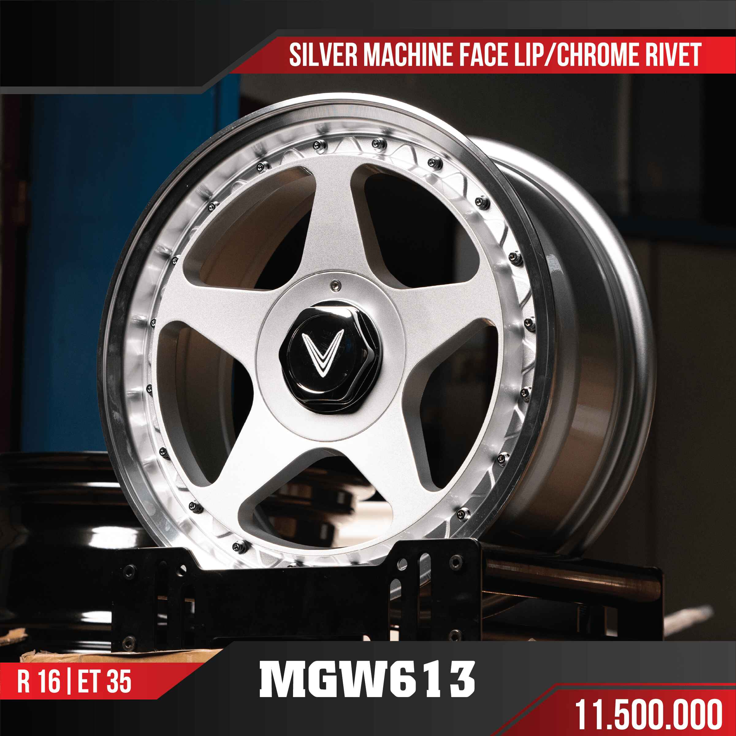 MÂM VF3 MGW613 SILVER MACHINE FACE LIP CHROME RIVET 16 INCH ET35