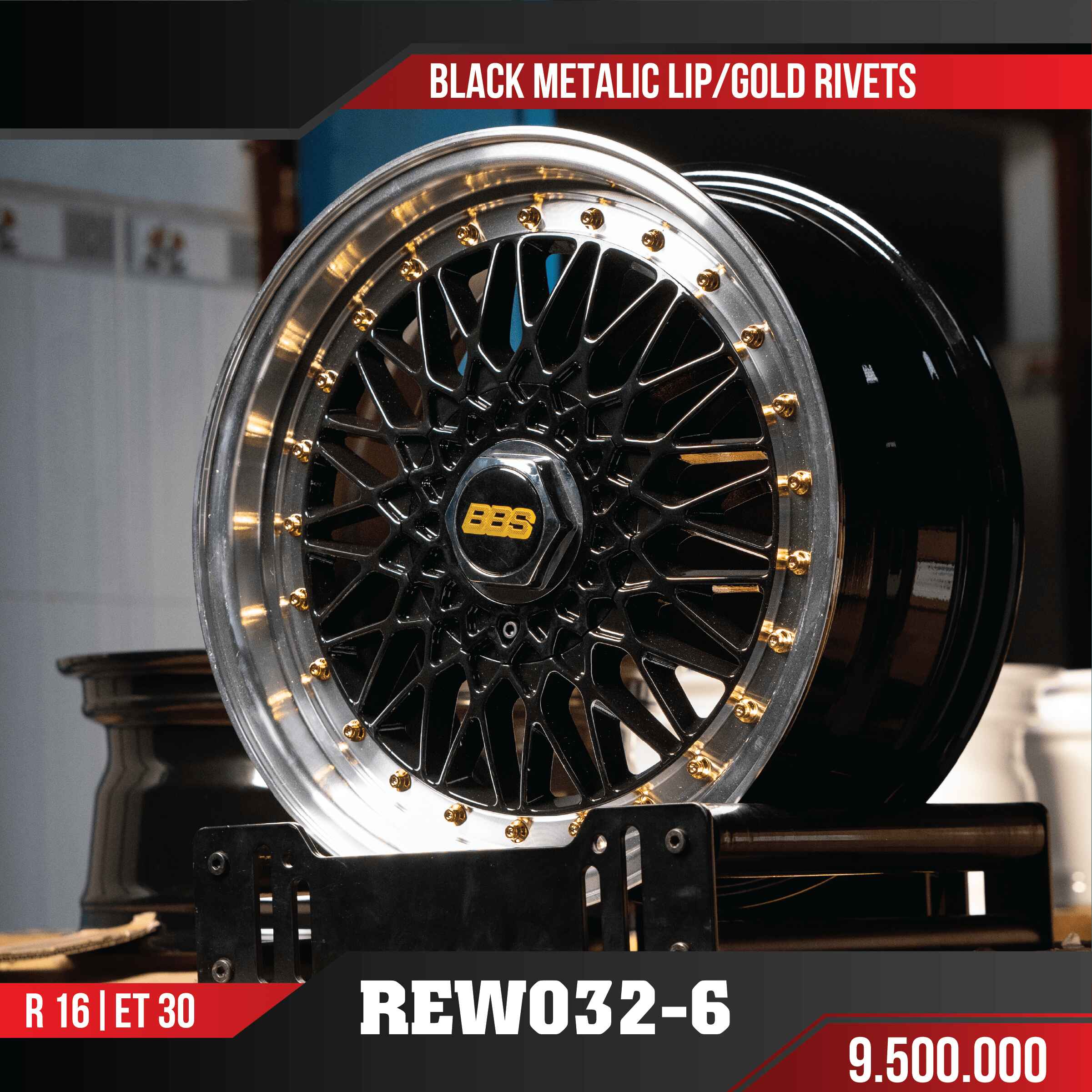 MÂM VF3 REWO32-6 BLACK METALIC LIP GOLD RIVETS 16 INCH ET30