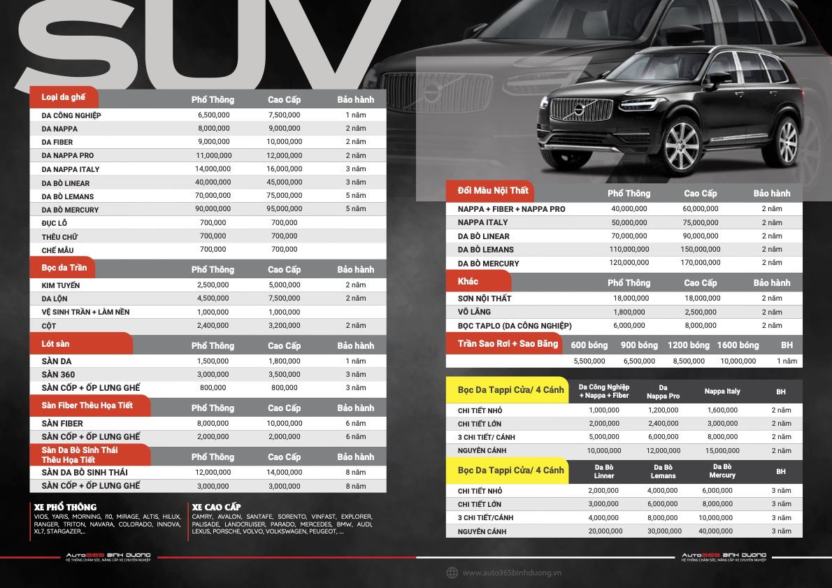 bảng giá bọc ghế da dành cho xe suv tại auto365 bình dương