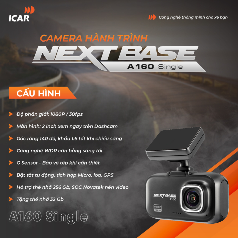 Camera Hành Trình Nextbase A160 Single Dashcam - Auto365 Bình Dương Camera hành trình Nextbase A160 Single Dashcam