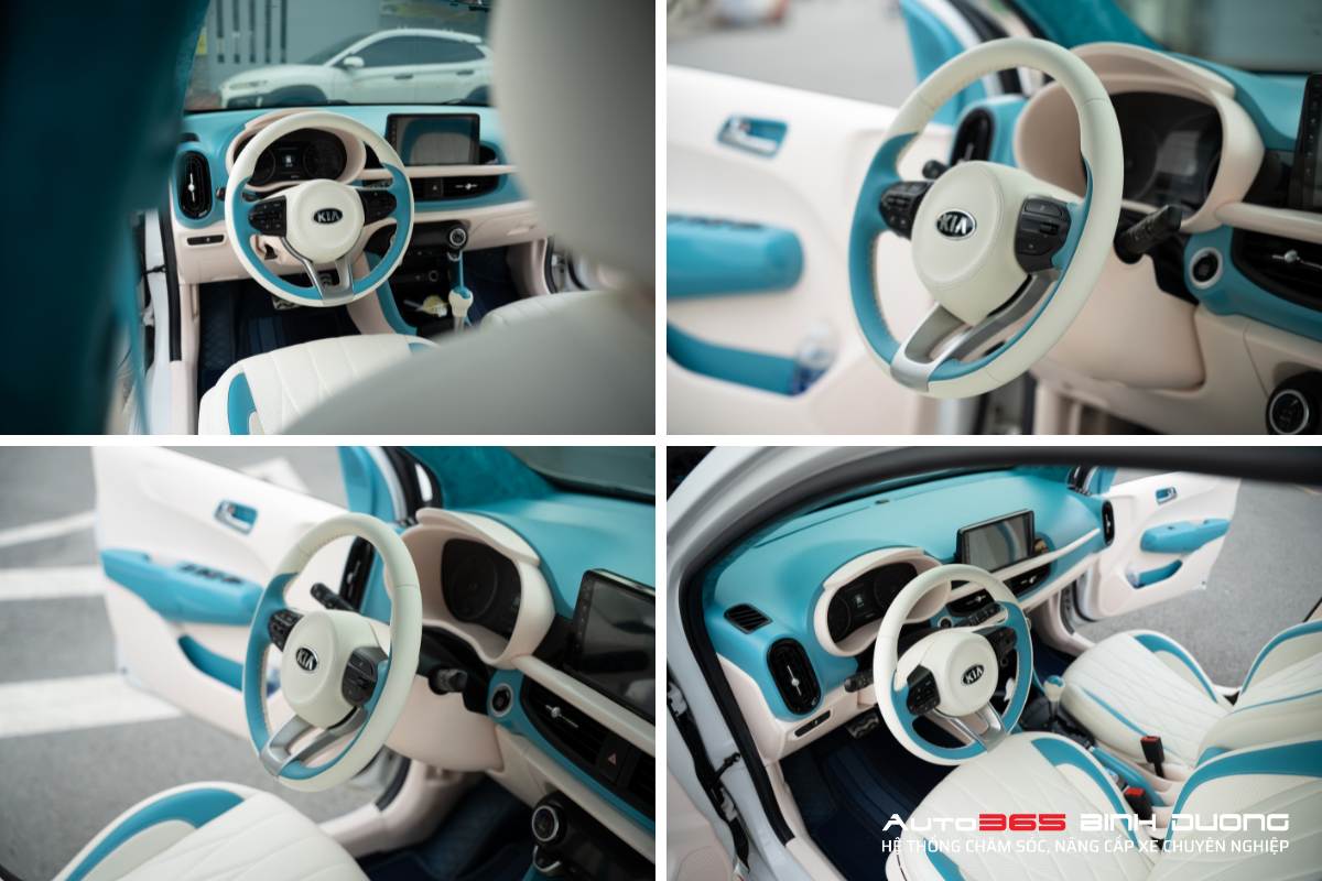 Đổi Màu Nội Thất Kia Morning 2023 Full Xanh - Trắng - Auto365 Bình Dương Thi công bọc da vô lăng Kia Morning 2023 xanh trắng