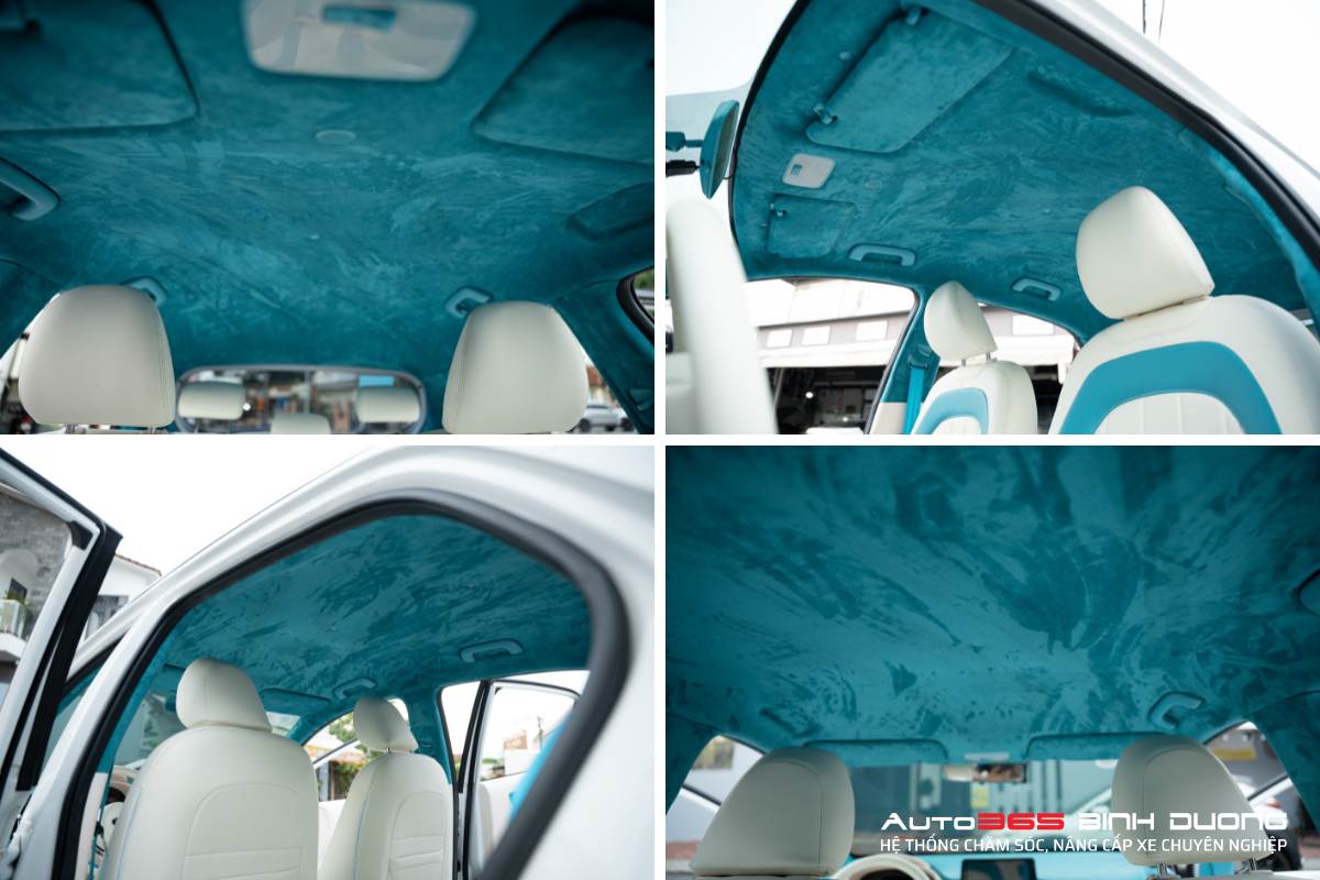 Đổi Màu Nội Thất Kia Morning 2023 Full Xanh - Trắng - Auto365 Bình Dương Hình ảnh bọc trần da lộn màu xanh cho Kia Morning 2023