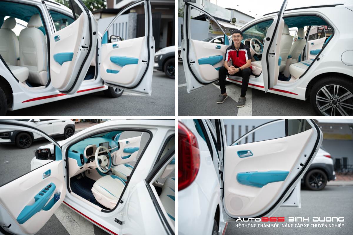 Đổi Màu Nội Thất Kia Morning 2023 Full Xanh - Trắng - Auto365 Bình Dương Thi công bọc da ốp tapi cửa Kia Morning 2023