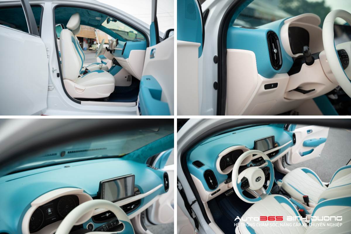 Đổi Màu Nội Thất Kia Morning 2023 Full Xanh - Trắng - Auto365 Bình Dương Thi công sơn màu chi tiết nhựa để hoàn tất hạng mục đổi màu nội thất Kia Morning 2023